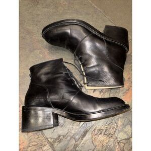 Stradivari Shoes Women Ankle Boots 38 7.5 Black Leather Lace Up Block Heel Italy